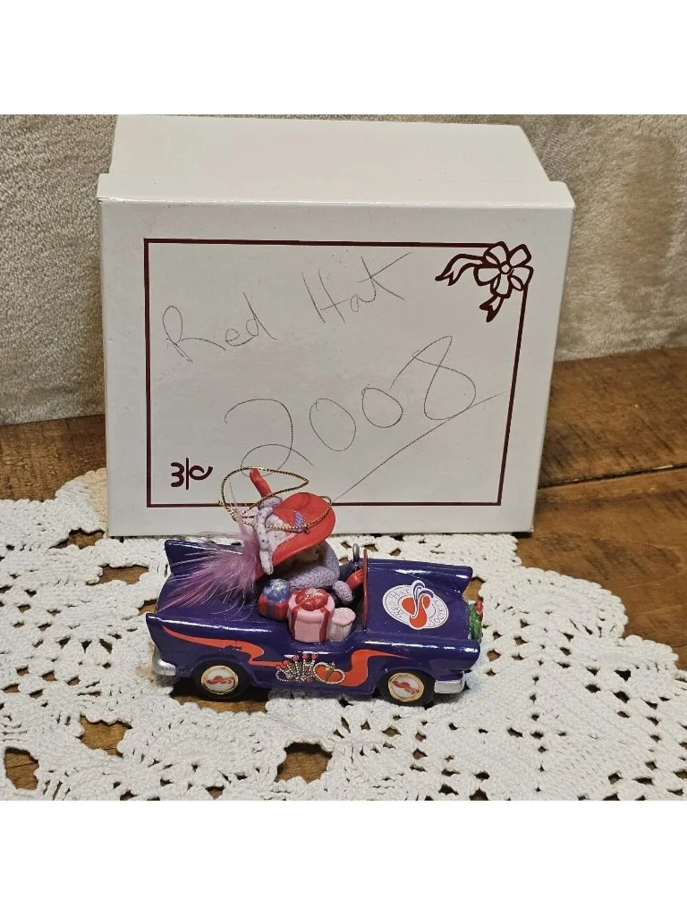 2008 Red Hat Society Christmas Ornament by Danbury Purple Convertible Car W/box